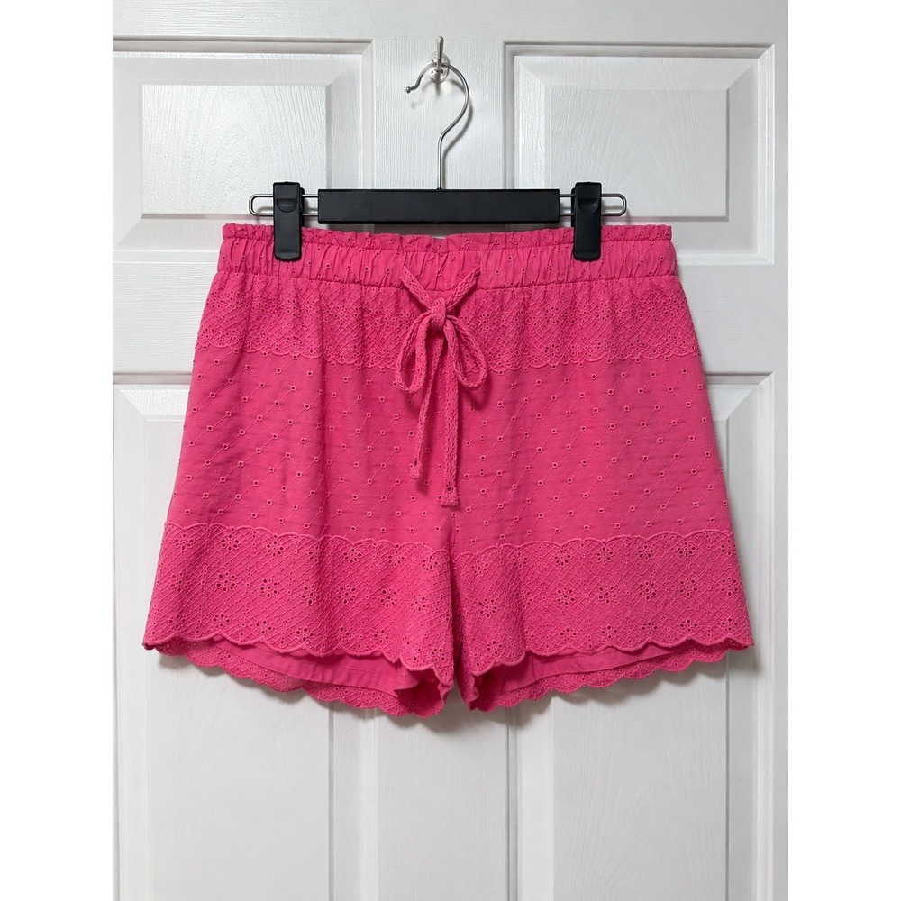 Rewind Hot Pink Eyelet Cotton Shorts Scalloped Hem Drawstring Womens Casual M